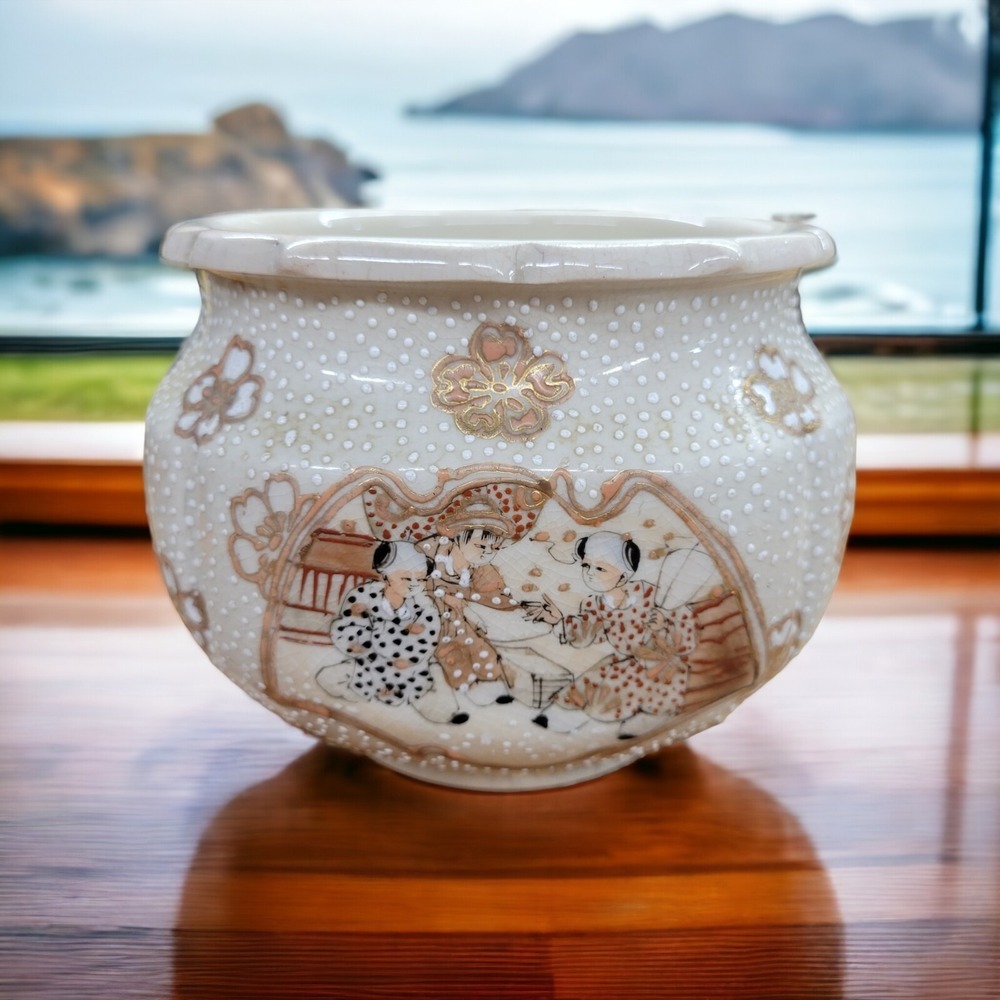 Antique Japanese Satsuma Moriage Pottery Bowl Gold Gilt Children Scenes Meiji